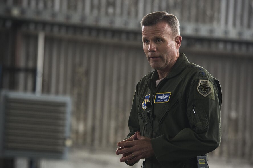 Gen. Tod D. Wolters, U.S. Air Forces in Europe and Air Forces Africa commander, talks about his priorities during an all call at Hangar One on Spangdahlem Air Base, Germany, Oct. 6, 2016.
This visit represented his first time at Spangdahlem Air Base since assuming command in August 2016. (U.S. Air Force photo by Staff Sgt. Jonathan Snyder)