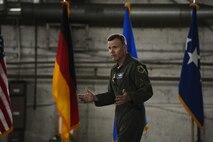 Gen. Tod D. Wolters, U.S. Air Forces in Europe and Air Forces Africa commander, talks about his priorities during an all call at Hangar One on Spangdahlem Air Base, Germany, Oct. 6, 2016.
This visit represented his first time at Spangdahlem Air Base since assuming command in August 2016. (U.S. Air Force photo by Staff Sgt. Jonathan Snyder)