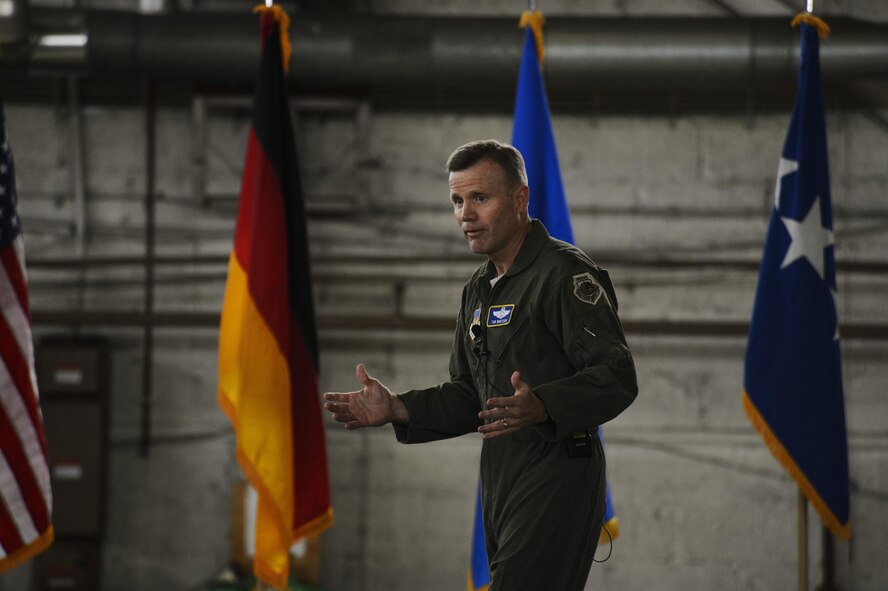 Gen. Tod D. Wolters, U.S. Air Forces in Europe and Air Forces Africa commander, talks about his priorities during an all call at Hangar One on Spangdahlem Air Base, Germany, Oct. 6, 2016.
This visit represented his first time at Spangdahlem Air Base since assuming command in August 2016. (U.S. Air Force photo by Staff Sgt. Jonathan Snyder)