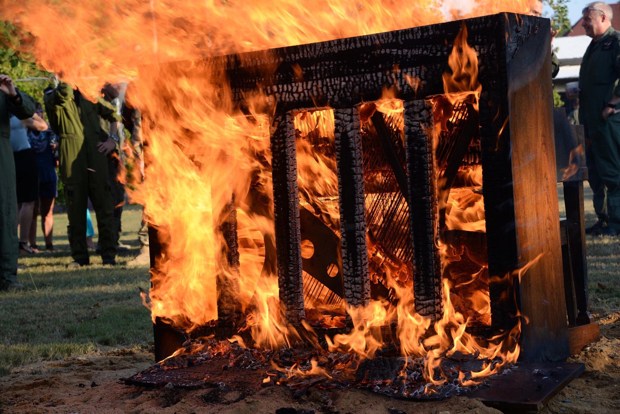 A piano goes up in flames during the annual Battle of Britain commemoration, Sept. 9, 2016, Maxwell Air Force Base, Ala. Although the true origin of this tradition is unknown, it is often used to commemorate the Battle of Britain or honor a fallen comrade. (U.S. Air Force photo/ Senior Airman Alexa Culbert)