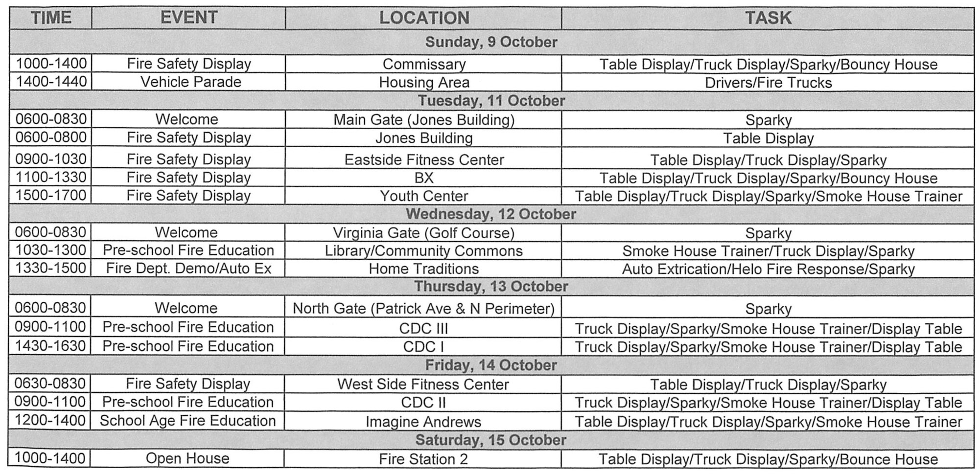 Schedule for the 2016 Fire Prevention Week