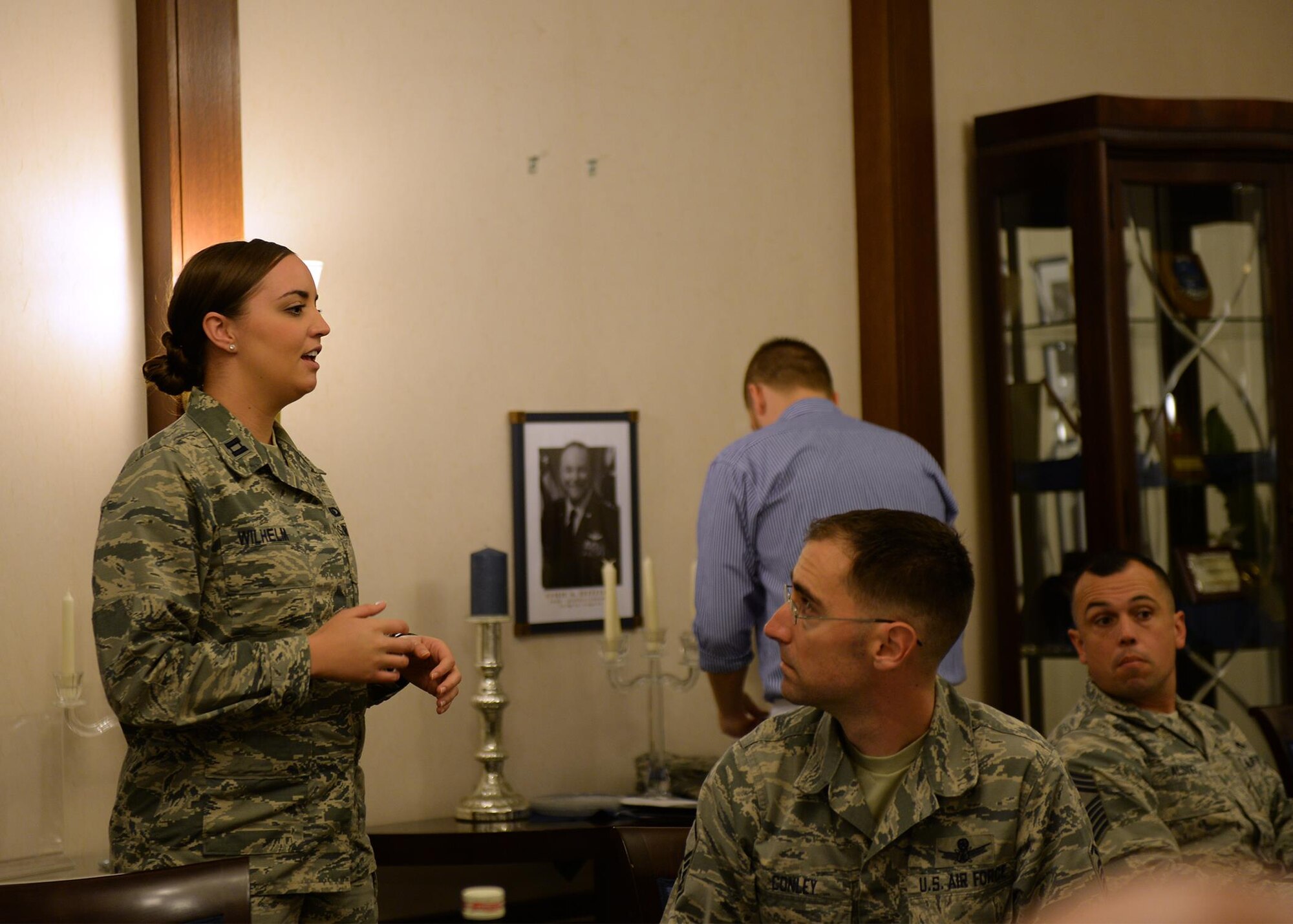 Capt. Lori Wilhelm, 86th Military Personnel Flight commander, tells a story at a mentoring luncheon at Ramstein Air Base, Germany, Oct. 5, 2016. During the luncheon company grade officers were able to ask questions and bring up concerns they had about the in enlisted corps. (U.S. Air Force photo by Senior Airman Jimmie D. Pike)