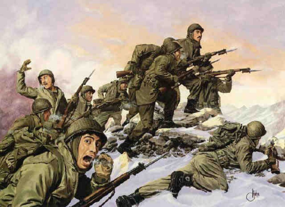 The Korean War battle portrayed in the painting was the last recorded battalion-sized bayonet attack by the U.S. Army. The artwork was painted by Dominic D'Andrea in 1992, and was commissioned by the National Guard Heritage Foundation. The battle began on Jan. 31, 1951, and took three days. On the morning of the third day, two battalions of the 65th Infantry Regiment fixed bayonets and charged straight at enemy positions. The Chinese fled. Courtesy illustration