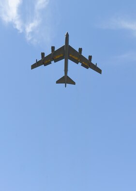 A B-52H Stratofortress, this one nicknamed “Ghost Rider,” heads home to Minot Air Force Base, N.D., Sept. 27, 2016, where it will rejoin the B-52H fleet. After undergoing a nine-month overhaul and upgrade by the Oklahoma City Air Logistics Complex, the B-52H left Tinker AFB, Okla. The historic aircraft is the first B-52H to ever be regenerated from long-term storage with the 309th Aerospace Maintenance and Regeneration Group at Davis-Monthan AFB, Ariz., and returned to full operational flying status. (U.S. Air Force photo/Mark Hybers)
