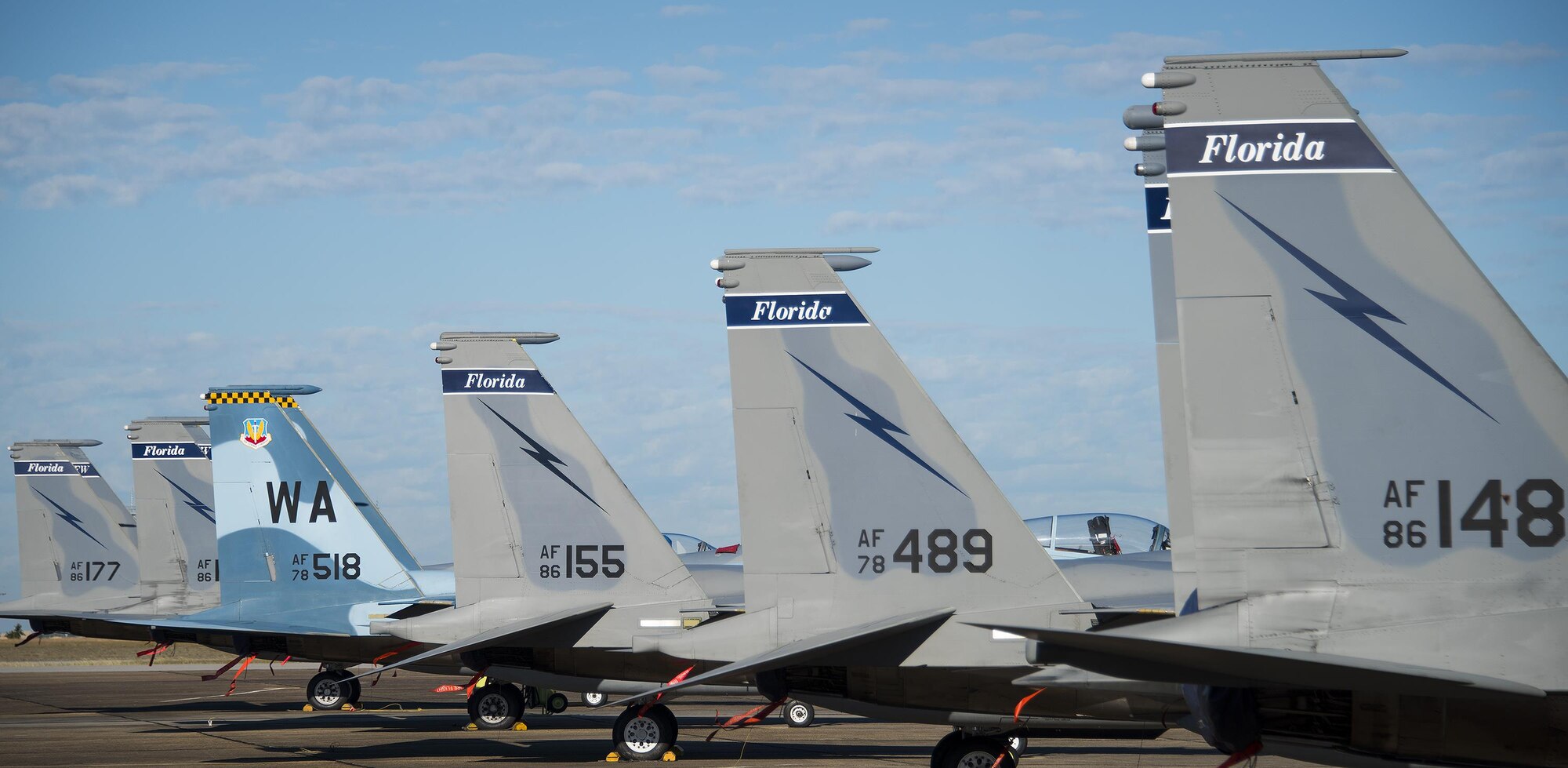 A row of 125th Fighter Wing F-15 tails form a line along the Eglin Air Force Base flightline Oct. 7.  The Air National Guard unit from Jacksonville, Fla., sent 15 aircraft to ride out Hurricane Matthew here. The Marine Fighter Attack Training Squadron-501 sent 10 F-35Bs from South Carolina to the base for sheltering as well.  The 96th Aircraft Maintenance Squadron's F-15 unit and the Navy's Strike Fighter Squadron 101 provided support to the transient aircraft.(U.S. Air Force photo/Samuel King Jr.)