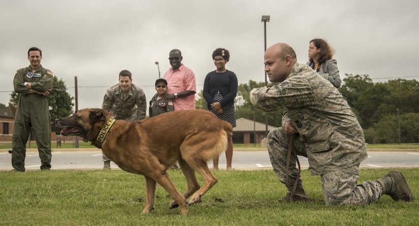 Kwami Penty and his family watch as Staff Sgt. Benjamin Rodriguez, 11th Security Support Squadron military working dog handler, releases his dog as part of the “Pilot for a Day” program at Joint Base Andrews, Md., Oct. 6, 2016. The MWD demonstration was one of many activities held in honor of Kwami, a child being treated for a serious illness at Children’s National Medical Center in Washington, D.C. The event is held biannually to indulge children like Kwami in their interest in aviation. (U.S. Air Force photo by Senior Airman Jordyn Fetter)