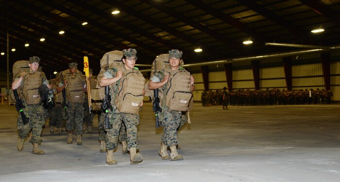 Marine female recruits are the first to arrive at Marine Corps Logistics Base Albany from Marine Corps Recruit Depot Parris Island, S.C., as they avoid potential severe weather from Hurricane Matthew, Oct. 5.