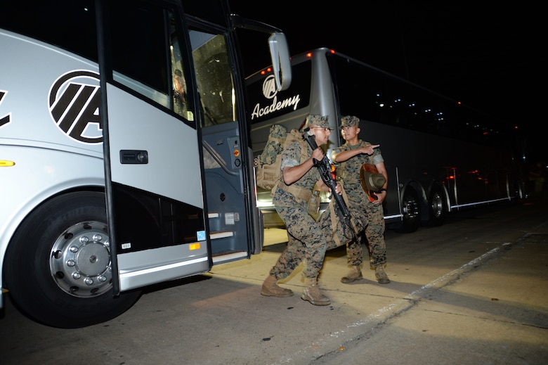 More than 6,000 recruits from Marine Corps Recruit Depot Parris Island, S.C., evacuate from the training depot Oct. 4-5 via commercial buses to avoid inclement weather from Hurricane Matthew. 