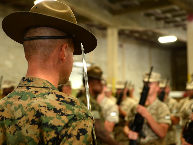 Marine Corps drill instructors, from Marine Corps Recruit Depot Parris Island, S.C., instruct recruits in  close-order drill while aboard Marine Corps Logistics Base Albany, Oct. 6.
More than 6,000 recruits evacuated from the training depot Oct. 4-5 via commercial buses to avoid inclement weather from Hurricane Matthew. 