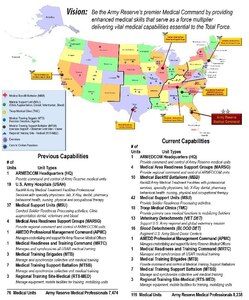 Friday, Sept. 16, 2016, marked transformation for Army Reserve Medical Command, after proposed changes were submitted in 2013 to better align the command with their active component counterpart, Army Medical Command.  This map depicts the new structure in ‘Current Capabilities’.