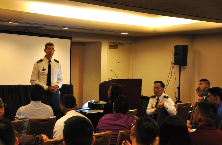 Col. Peter Helmlinger, commander of the Corps' South Pacific Division tells engineering students, "We need good people and we offer an almost unlimited opportunity to advance,” during a seminar at HENAAC on Oct. 6.