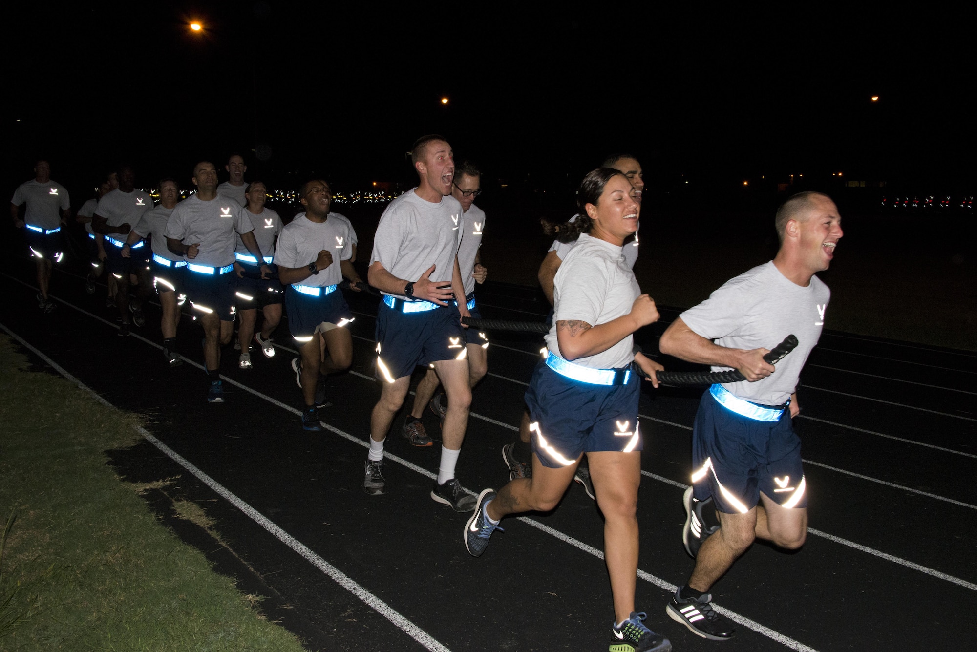 Officer Training School Cadets run during a physical training session at Maxwell Air Force Base, Sept. 30, 2016. Air Force has directed a service-wide recertification of all installation 1.5-mile run and 2-kilometer walk courses by Oct. 31. Oct. 6, 2016. This includes all three of Maxwell's testing sites. (U.S. Air Force photo by Senior Airman William Blankenship)