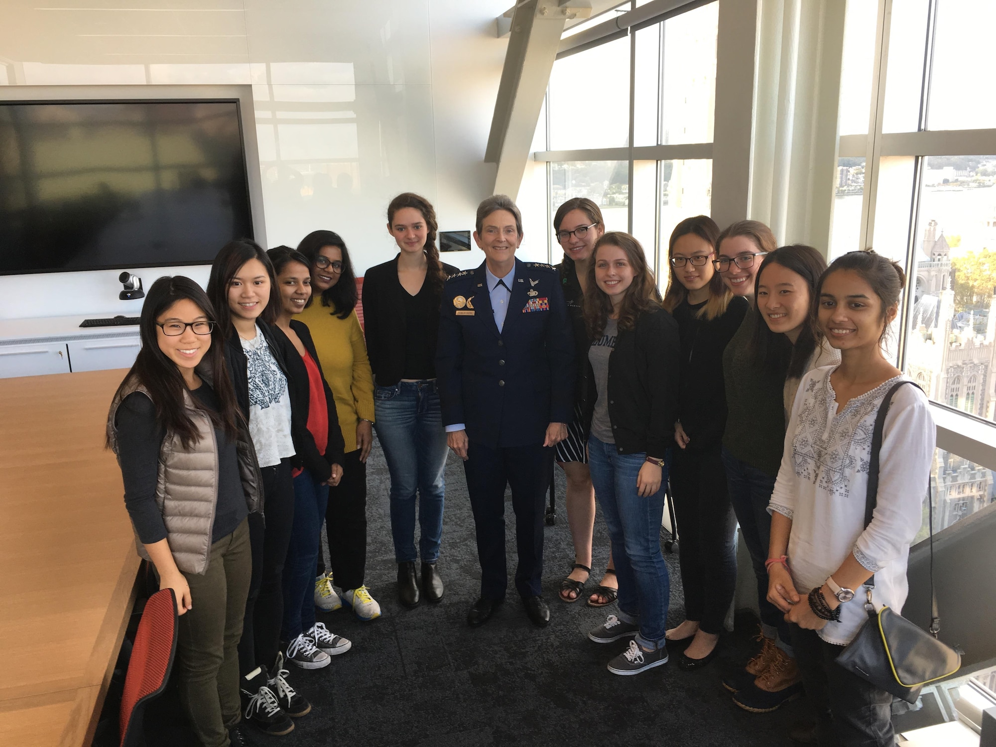 Gen. Ellen M. Pawlikowski, Air Force Materiel Command commander, meets with Columbia University’s Society of Women Engineers student chapter Oct. 4. During her trip to New York Oct. 3-4, Pawlikowski met with media, university and community leaders to discuss the Air Force vision to fly, fight and win in 2030 and beyond. (U.S. Air Force photo/Derek Kaufman)