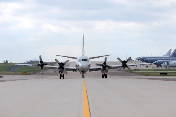 A P-3 Orion from Naval Air Station Jacksonville, Florida, taxies after landing at Tinker Air Force Base, Oklahoma, Oct. 6. The aircraft was one of eleven from NAS Jacksonville that sought shelter from Hurricane Matthew here. (Air Force photo by April McDonald)