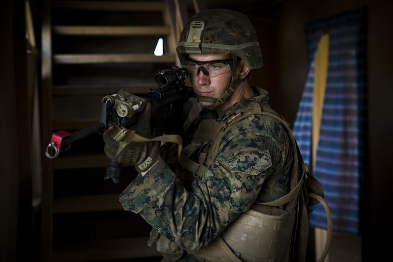 MARINE CORPS TRAINING AREA BELLOWS – Pfc. Alex Renschler, a rifleman with Charlie Company, 1st Battalion, 3rd Marine Regiment, and an Evansville, Indiana native, provides security during a patrol part of Exercise Island Viper aboard Marine Corps Training Area Bellows, Sept. 29, 2016. Exercise Island Viper is a 3-week-long battalion level training evolution workup that focuses on sharpening the infantry skills of the individual, team and squad. (U.S. Marine Corps Photo by Lance Cpl. Jesus Sepulveda Torres)