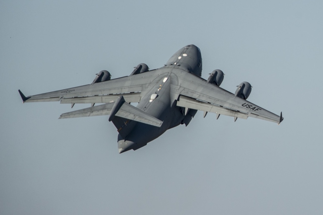 An Air Force C-17 Globemaster III aircraft takes off from Fort Campbell, Kentucky, Oct. 6, 2016. Joint Base Charleston C-17 Globemaster III's evacuated to Fort Campbell, so they can continue their mission of rapid global mobility during Hurricane Matthew. Due to Hurricane Matthew, a Limited Evacuation Order of South Carolina Hurricane Evacuation Zones has been issued by the commander, Joint Base Charleston. All Joint Base personnel are expected to evacuate the area and will return once damage has been assessed and it's safe to return. Air Force photo by Staff Sgt. Corey Hook