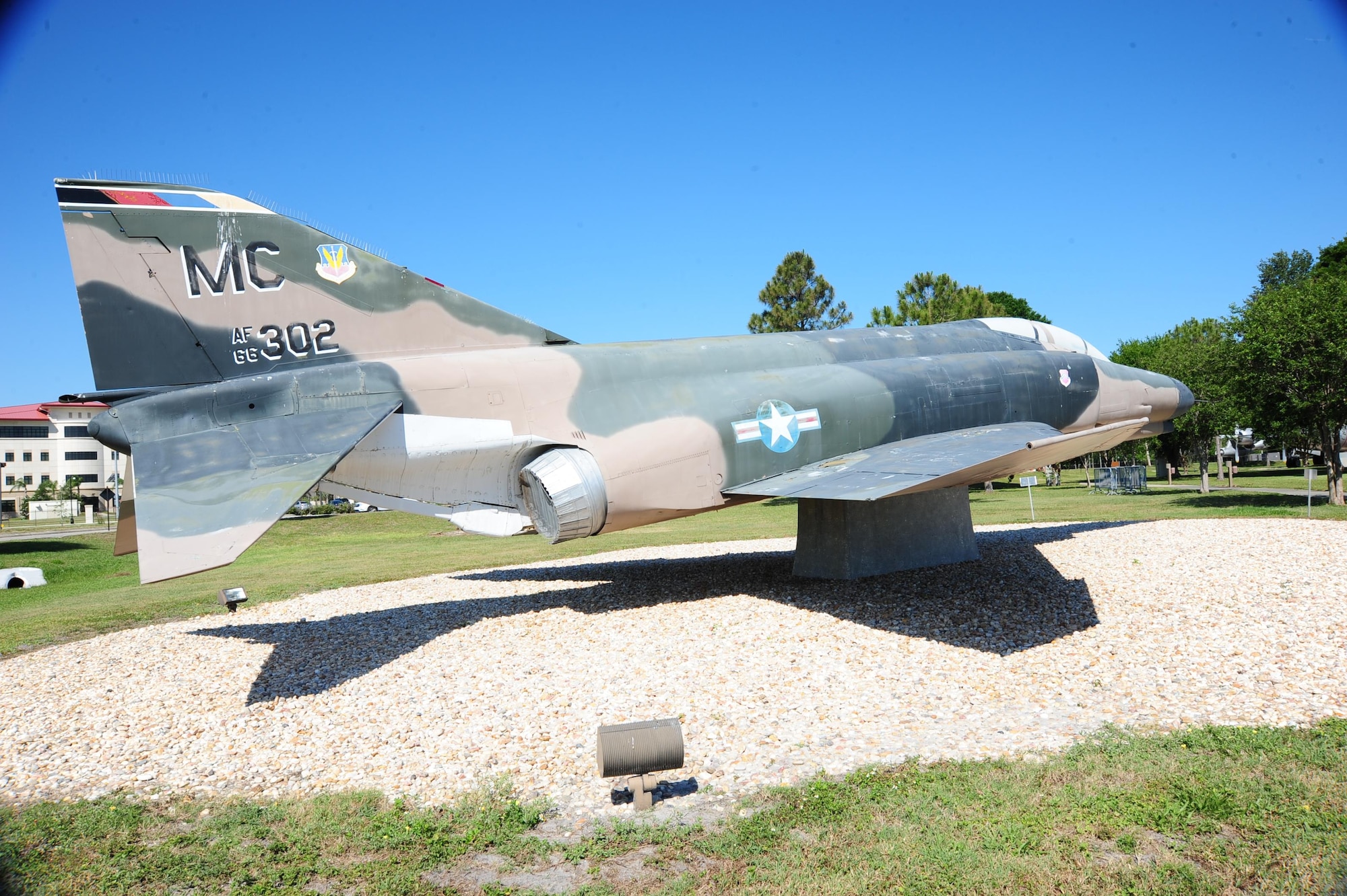 The F-4 Phantom aircraft sits in the Memorial Air Park, May 7, 2016 at MacDill Air Force Base, Fla. The family of the late Maj. Gen. Ernest Bedke held his memorial service in front of the aircraft which was dedicated to him in 2011. (U.S. Air Force photo by Senior Airman Jenay Randolph)