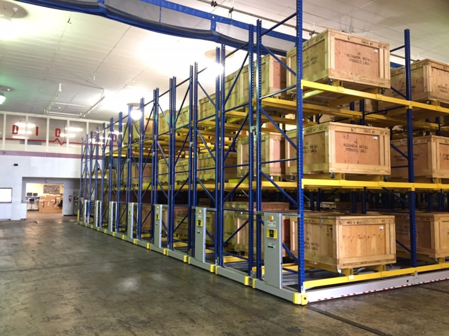 The 575th Aircraft Maintenance Squadron at Randolph AFB, Texas, installed an ACTIVRAC 16 high-density mobile storage shelving system. The storage system is a three-tiered shelf rack, 14-feet high and mounted on rails with 13 movable sections known as carriages. (Courtesy photo)