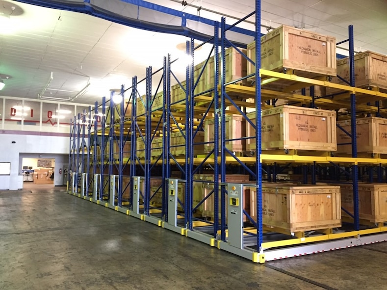 The 575th Aircraft Maintenance Squadron at Randolph AFB, Texas, installed an ACTIVRAC 16 high-density mobile storage shelving system. The storage system is a three-tiered shelf rack, 14-feet high and mounted on rails with 13 movable sections known as carriages. (Courtesy photo)