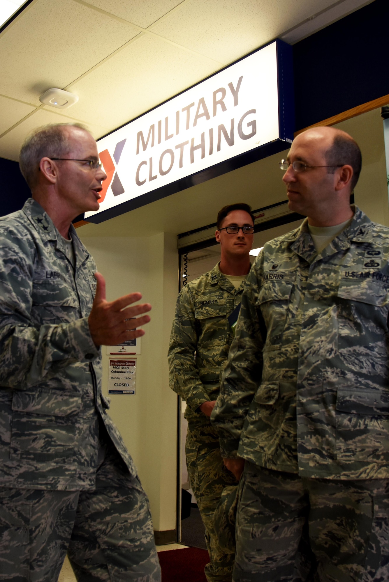 U.S. Air Force Maj. Gen. Bob LaBrutta, 2nd Air Force Commander, speaks with Col. Christopher Harris, 17th Mission Support Group Commander, at Goodfellow Air Force Base, Oct. 6, 2016. Labrutta visited the Exchange during a base familiarization tour where he visited future Goodfellow renovation projects. (U.S. Air Force photo by Senior Airman Joshua Edwards/Released)
