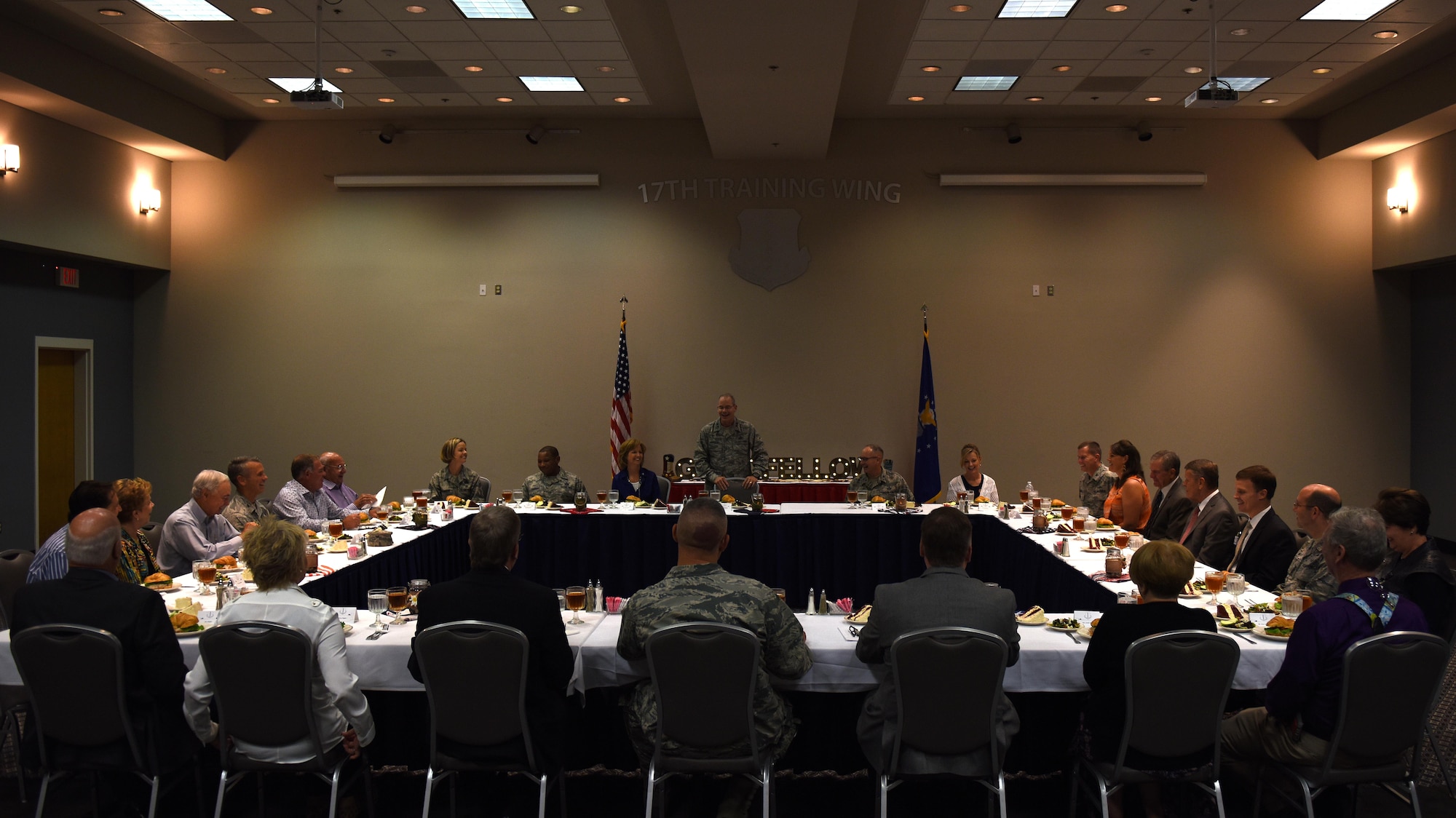 U.S. Air Force Maj. Gen. Bob LaBrutta, 2nd Air Force Commander, meets key San Angelo community members during a luncheon at the Event Center on Goodfellow Air Force Base, Texas, Oct. 6, 2016. LaBrutta visited Goodfellow
and the city of San Angelo as part of his tour of 2nd Air Force bases. (U.S. Air Force photo by Airman 1st Class Caelynn Ferguson/Released)
