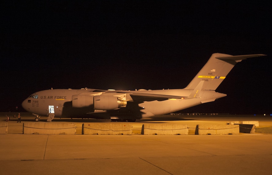 A C-17 Globemaster III parks on the flightline at Barksdale Air Force Base, La., Oct. 5, 2016. Hundreds of aircrew and more than 100 aircraft from Shaw Air Force Base, S.C., Joint Base Charelston, S.C., and Seymour Johnson Air Force Base, N.C., relocated to avoid potential damage from high winds associated with Hurricane Matthew along the East Coast. (U.S. Air Force photo/Airman 1st Class Stuart Bright)