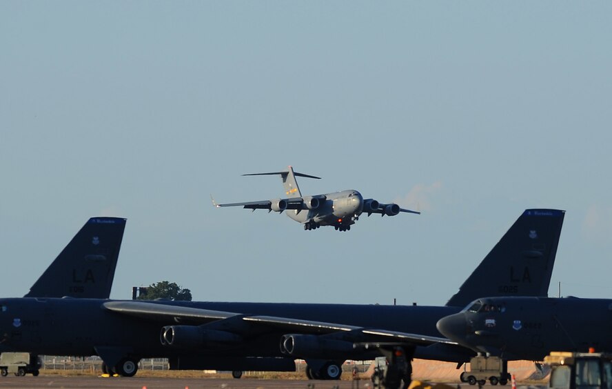 A C-17 Globemaster III prepares to land down at Barksdale Air Force Base, La., Oct. 5, 2016. Hundreds of aircrew and more than 100 aircraft from Shaw Air Force Base, S.C., Joint Base Charleston, S.C., and Seymour Johnson Air Force Base, N.C., relocated to avoid potential damage from high winds associated with Hurricane Matthew along the East Coast. (U.S. Air Force photo/Airman 1st Class Stuart Bright)