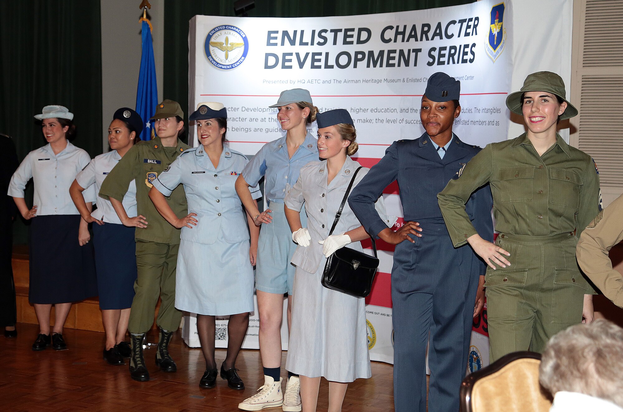 Service members are pictured wearing military uniforms throughout different historical periods of the Air Force during a luncheon Oct. 7 at Joint Base San Antonio-Lackland’s Gateway Club. JBSA-Lackland hosted a reunion of the WAF members and provided the nearly 80 members a tour of the base. WAF was founded in 1948 out of the Women’s Armed Service Integration Act, which enabled tens of thousands of female service members to find jobs in the Air Force. In 1976 women were accepted into the service on an equal basis with men. 