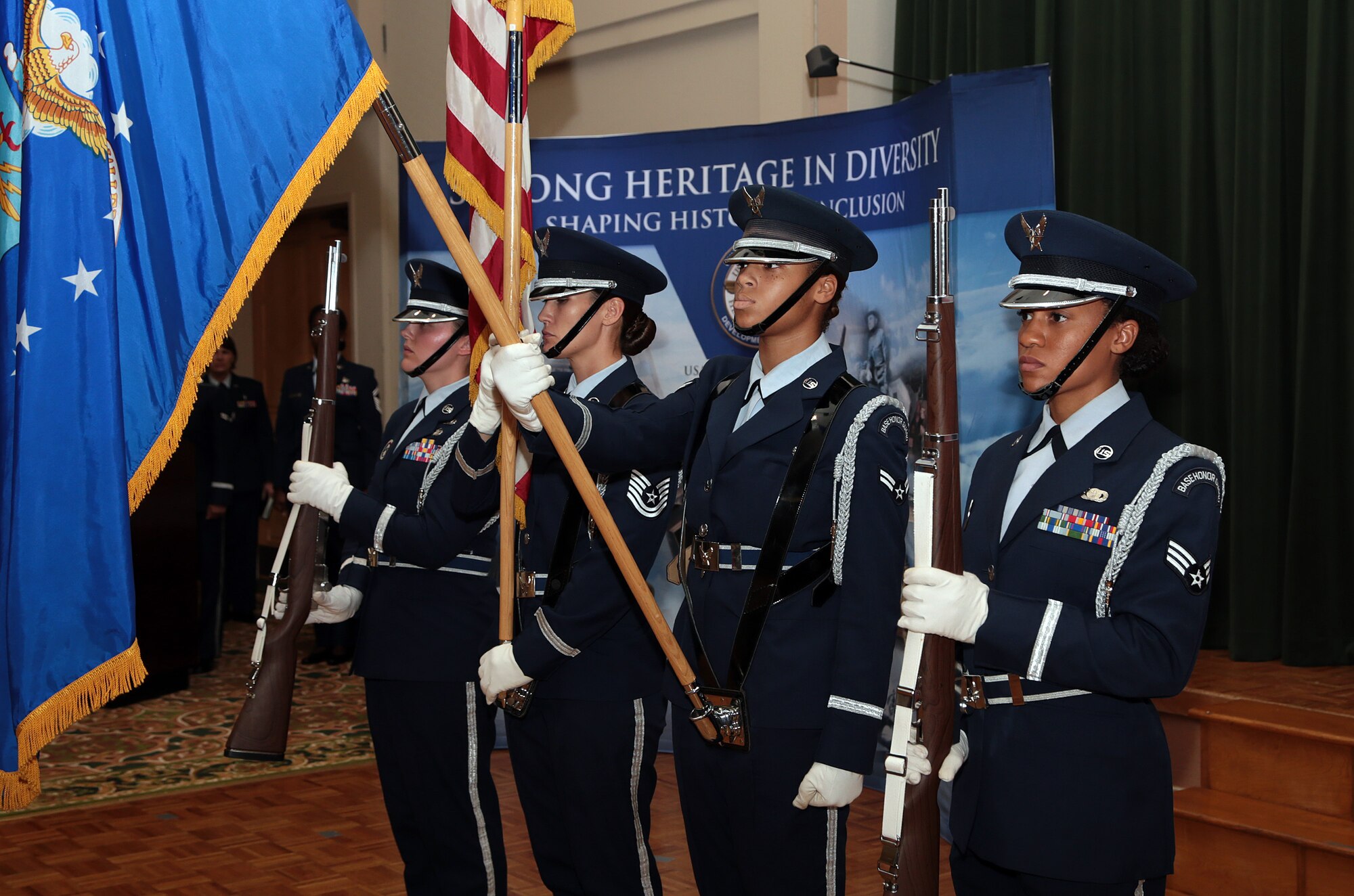 An all-female Honor Guard detail from the 802nd Force Support Squadron posts the colors during the Joint Base San Antonio-Lackland Women in the Air Force reunion  luncheon Oct. 7, 2016, at  the JBSA-Lackland Gateway Club. JBSA-Lackland hosted a reunion of the WAF members and provided the 62 members a tour of the base. WAF was founded in 1948 out of the Women’s Armed Service Integration Act, which enabled tens of thousands of female service members to find jobs in the Air Force. In 1976 women were accepted into the service on an equal basis with men.