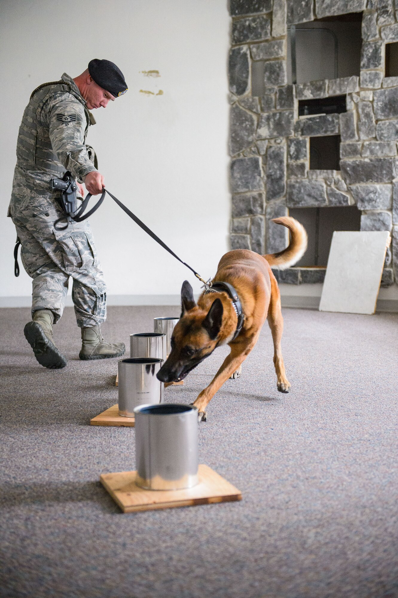 Staff Sgt. Matthew McCarty, 75th Security Forces Squadron, works with Xxuthus during imprint training Oct. 5 at Hill Air Force Base. Airmen and their K-9 counterparts, along with dog teams from local, state and federal law enforcement agencies, received homemade explosives detection training from Bureau of Alcohol, Tobacco, Firearms and Explosives agents Oct. 5-6. (U.S. Air Force photo by R. Nial Bradshaw)