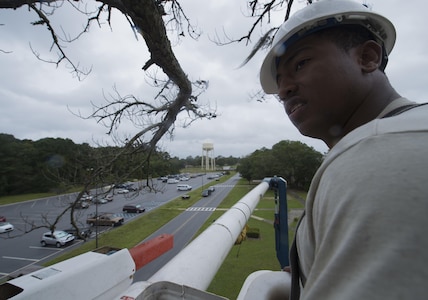 U.S. Air Force Senior Airman Jaylen Wilkins, an electrician assigned to the 628th Civil Engineer Squadron, prepares to fell a dead tree ahead of Hurricane Matthew at Joint Base Charleston, S.C., Oct. 7, 2016. All non-essential personnel evacuated the area, but will return after disaster response coordinators assess damage and verify a safe operating environment. (U.S. Air Force photo by Tech. Sgt. Barry Loo)