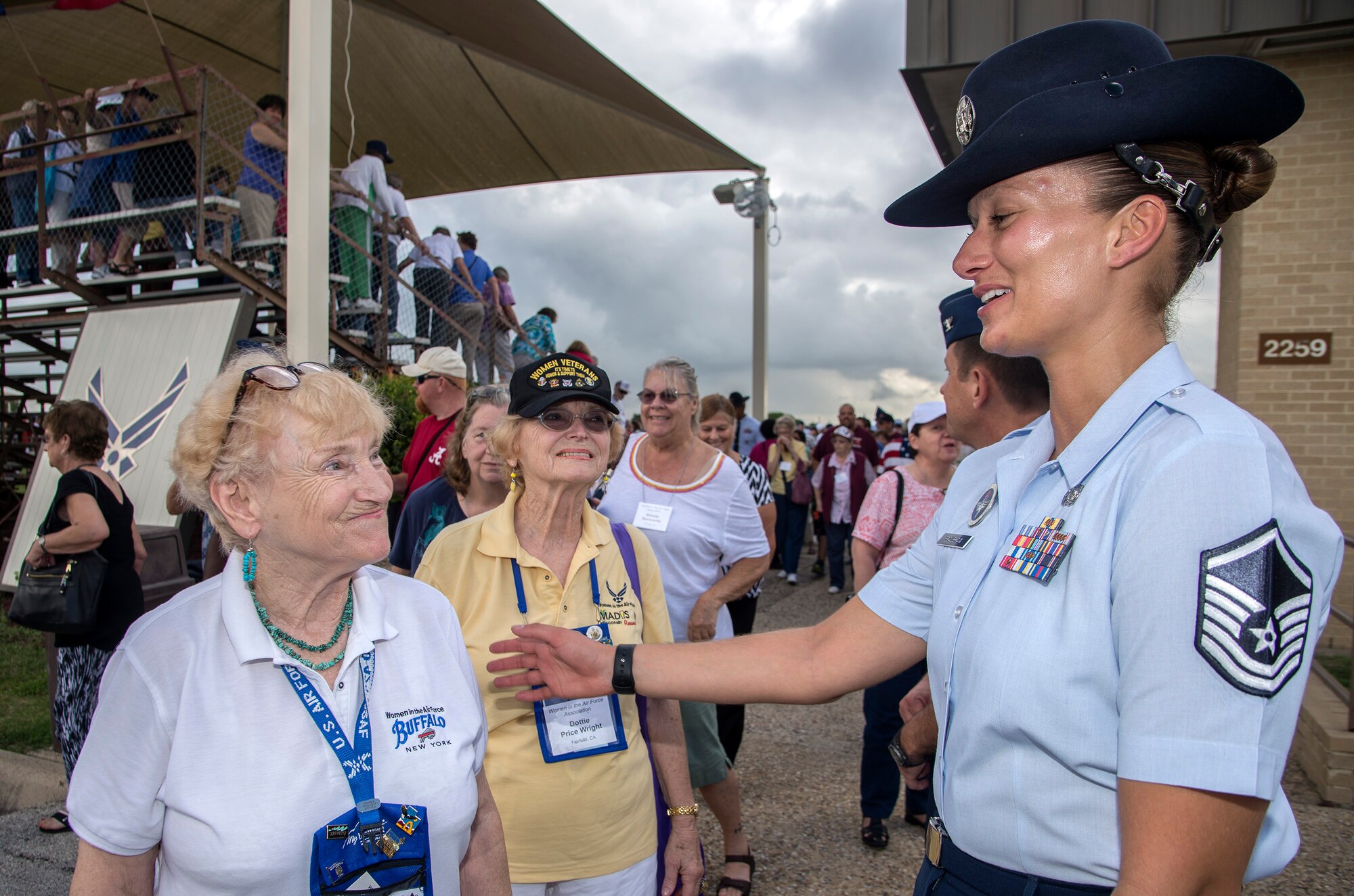 Military training instructors speak with female veterans, known as  Women in the Air Force, a term for women who joined the Air Force between 1949 and 1976, during the Air Force Basic Military Training graduation parade Oct. 7, 2016, at Joint Base San Antonio-Lackland’s parade grounds. JBSA-Lackland hosted a reunion of the WAF members and provided the veterans a tour of the base. WAF was founded in 1948 out of the Women’s Armed Service Integration Act, which enabled tens of thousands of female service members to find jobs in the Air Force. In 1976 women were accepted into the service on an equal basis with men. 