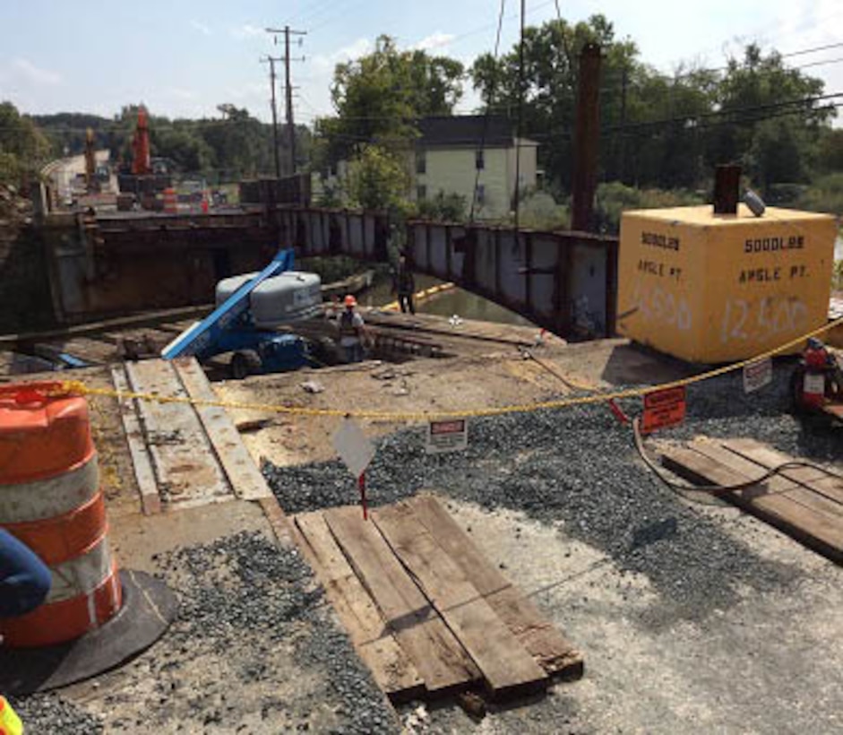 The U.S. Army Corps of Engineers' Philadelphia District began demolition of the Route 9 bridge at Delaware City in October of 2016 and will begin constructing a new bridge in its place. 