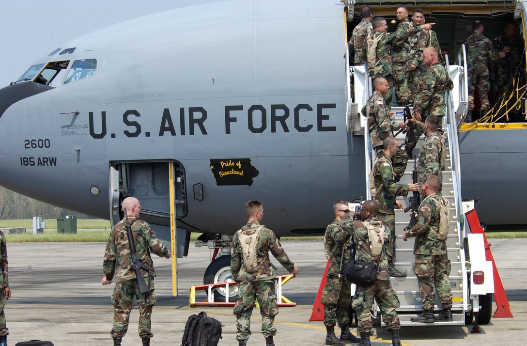 Soldiers from the Colorado Army National Guard offload equipment from a U.S. Air Force KC-135 assigned to the 185th Air Refueling Wing, Iowa Air National Guard, at the Naval Air Station New Orleans, La., on September 5, 2005 as part of Hurricane Katrina support. The 185th flew 80 missions in support of Hurricane Katrina, transporting troops, supplies and evacuees. 
U.S. Air National Guard Photo/ released