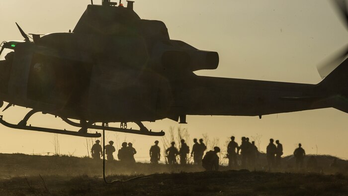 A UH-1Y Huey with Marine Light Attack Helicopter Squadron 369 prepares to land after Marines with 1st Reconnaissance Battalion, 1st Marine Division, finished a fast-rope drill at Marine Corps Base Camp Pendleton, California, Oct. 6,2016. The fast-rope training was part of a larger event called a Marine Air-Ground Task Force integration exercise, which enabled air and ground units to come together and cooperate in various training missions prior to their deployment with the 15th Marine Expeditionary Unit.