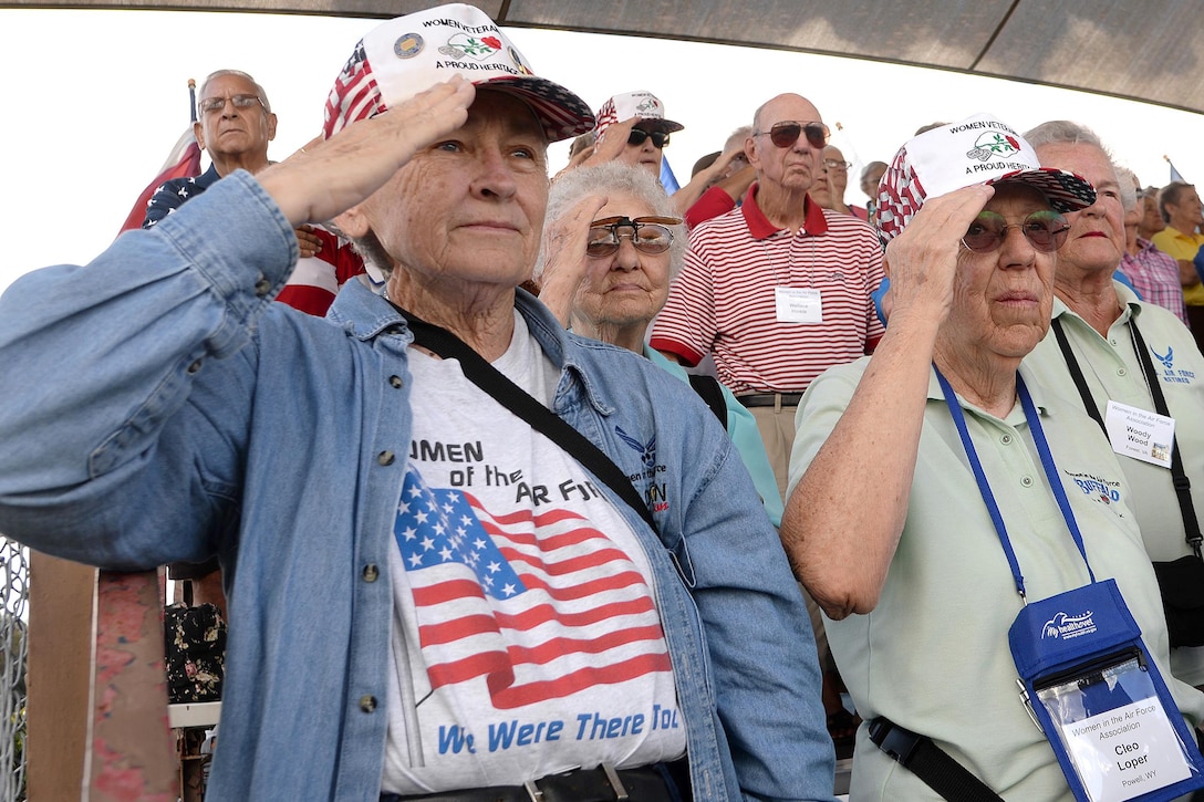 Members of the Women in the Air Force program, which includes women who joined the Air Force between the years of 1949 and 1976, attend an Air Force basic training graduation parade during a WAF reunion at Joint Base San Antonio, Oct. 7, 2016. Air Force photo by Johnny Saldivar