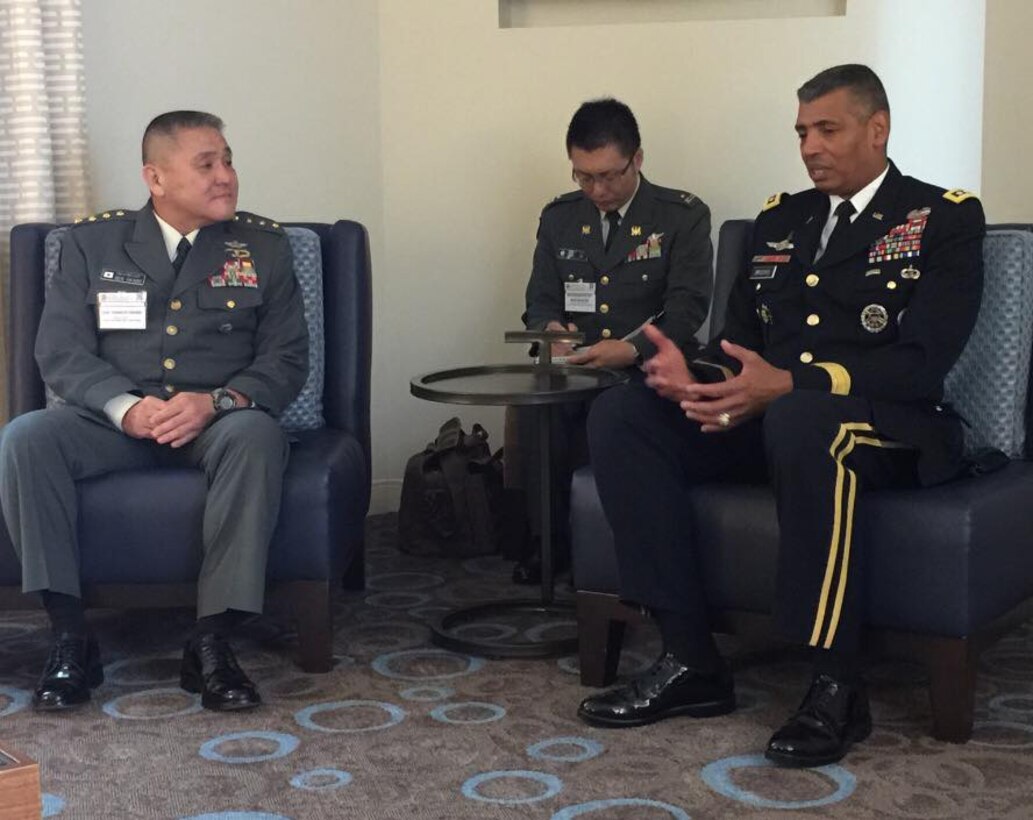 General Vincent K. Brooks, United Nations Command, Combined Forces Command, and U.S. Forces Korea commander meets with General Toshiya Okabe, Chief of Staff, Japanese Ground Self-Defense Force in Washington, D.C., Oct. 5, to discuss the need for greater cooperation between the U.S. military and the Japanese Ground Self-Defense Force to address North Korea’s evolving nuclear and ballistic missile programs. 