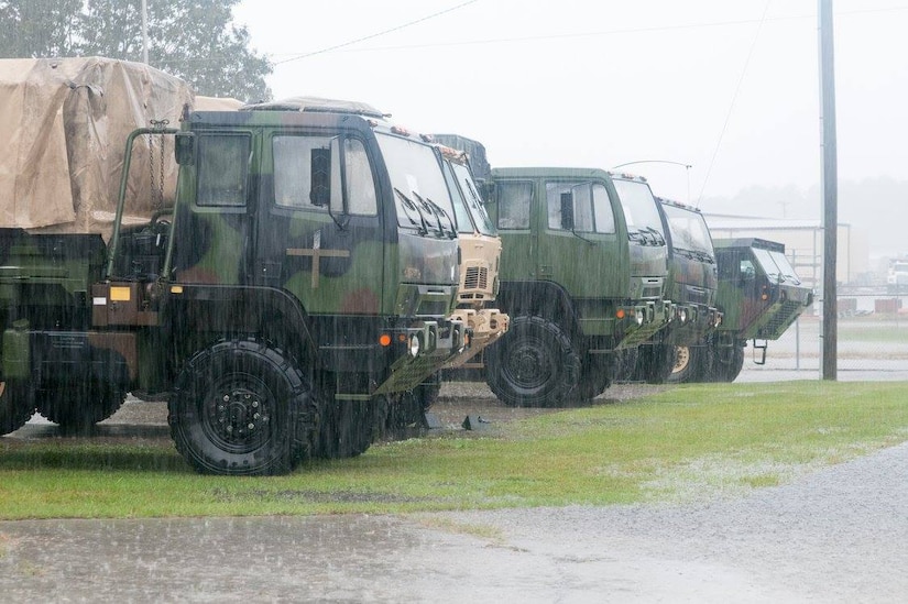 Light Medium Tactical Vehicles are staged and ready at the North Carolina National Guard Armory in Elizabethtown, N.C., for North Carolina National Guard soldiers who may be called to assist local emergency services rescue flood victims along the North Carolina coast Oct. 08, 2017. While Hurricane Matthew is not expected to make significant landfall in North Carolina the rains it brings with it are expected to cause severe flooding in coastal areas.