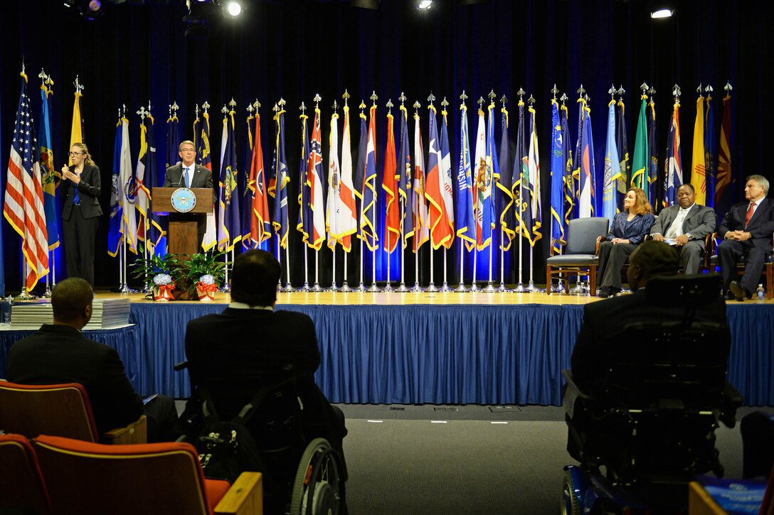 Defense Secretary Ash Carter makes remarks during the 36th Annual Department of Defense Disability Awards Ceremony at the Pentagon, Oct. 4, 2016. DoD photo by Marvin Lynchard