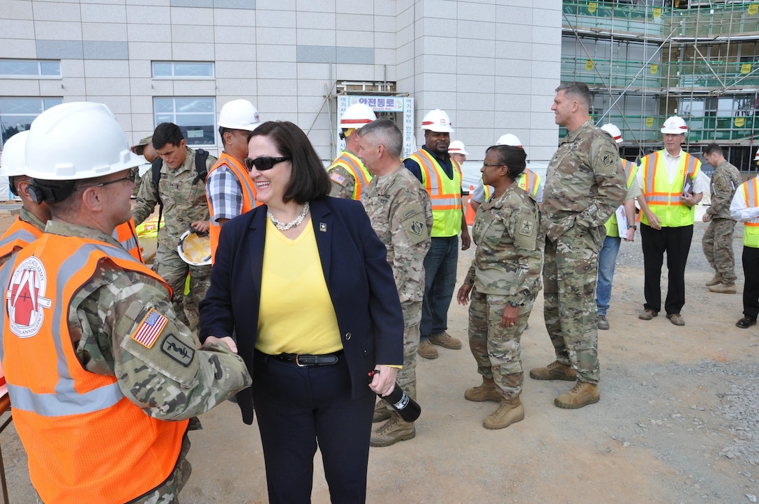 The U.S. Army Corps of Engineers Far East District welcomed Hon. Katherine Hammack, assistant secretary of the Army, Installations, Energy and Environment, Lt. Gen. Todd T. Semonite, commanding general of the U.S. Army Corps of Engineers and Chief of Engineers, and Lt. Gen, Gwen Bingham, Assistant Chief of Staff for Installation Management on a tour of military construction sites at U.S. Army Garrison Humphreys (Camp Humphreys) Thursday, Sept. 22. The group of leaders took an aerial tour of the rapidly progressing construction at Camp Humphreys, part of the Korea Relocation Program, one of the largest transformation, construction and re-stationing projects in Department of Defense history. During their tour they visited the Hospital and Ambulatory Care facility as well as the Communications Center facility.