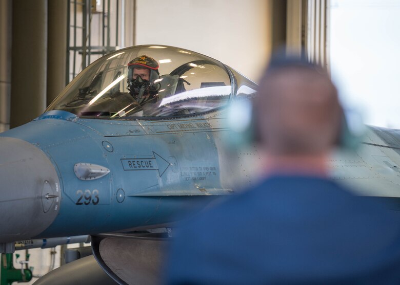 U.S. Air Force Col. David Mineau, the 354th Fighter Wing commander, prepares to take off in an F-16 Fighting Falcon aircraft Oct. 10, 2016, during RED FLAG-Alaska (RF-A) 17-1 at Eielson Air Force Base, Alaska. RF-A simulates the first 10 combat sorties of an initial surge during a conflict, enabling pilots to better understand the stresses of the environment. (U.S. Air Force photo by Staff Sgt. Shawn Nickel)