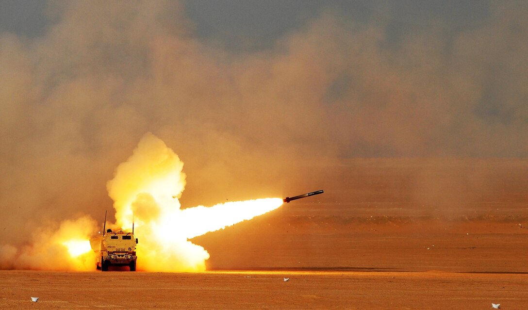 Soldiers of Alpha Company, 1st Battalion, 94th Field Artillery Regiment, fire a rocket from a M142 high mobility rocket system during a decisive action training environment exercise on Oct. 4, 2016 near Camp Buehring, Kuwait. The unit certified four HIMARS operator crews as well as a contingent of forward observers during the exercise (U.S. Army photo by Sgt. Aaron Ellerman)