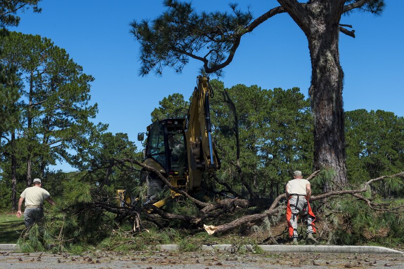 U.S. Air Force civil engineers with the 628th Civil Engineer Squadron, tear down broken tree limbs after  Hurricane Mathew swept through Joint Base Charleston, S.C., Oct. 9, 2016.   All non-essential personnel evacuated the area, but returned after disaster response coordinators assessed damage and verified a safe operating environment. 