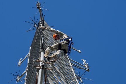 U.S. Air Force Senior Airman Anthony Tressel, radio frequency transmission technician with the 628th Communications Squadron, inspects a ultra high frequency (UHF) antenna for wind damage caused by Hurricane Matthew  on Joint Base Charleston, S.C., Oct. 10, 2016. Joint Base personnel are working diligently to return the Joint Base to full operational status after disaster response coordinators assessed damage and verified a safe operating environment. (U.S. Air Force photo by Airman 1st Class Sean Carnes)