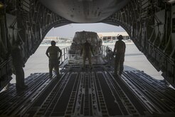 A U.S. Air Force C-17 Globemaster III loadmaster directs a loading truck during a transport mission in support of Operation Freedom Sentinel in Southwest Asia Sept. 30, 2016. The C-17 is the newest most flexible cargo aircraft to enter the airlift force. The C-17 is capable of rapid strategic delivery of troops and all types of cargo to main operating bases or directly to forward bases in the deployment area. (U.S. Air Force photo by Staff Sgt. Douglas Ellis/Released)