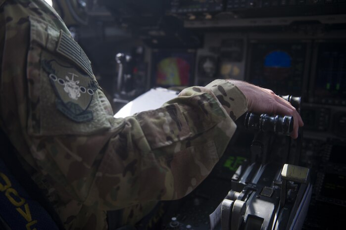 A U.S. Air Force C-17 Globemaster III pilot prepares to taxi toward the runway during a transport mission in support of Operation Freedom Sentinel in Southwest Asia Sept. 30, 2016. The C-17 is the newest most flexible cargo aircraft to enter the airlift force. The C-17 is capable of rapid strategic delivery of troops and all types of cargo to main operating bases or directly to forward bases in the deployment area. (U.S. Air Force photo by Staff Sgt. Douglas Ellis/Released)