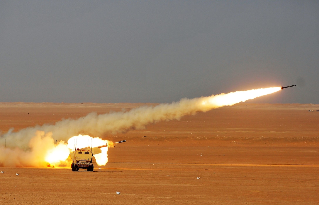 Soldiers of Alpha Company, 1st Battalion, 94th Field Artillery Regiment, fire a rocket from a M142 high mobility rocket system during a decisive action training environment exercise on Oct. 4, 2016 near Camp Buehring, Kuwait. The unit certified four HIMARS operator crews as well as a contingent of forward observers during the exercise (U.S. Army photo by Sgt. Aaron Ellerman)