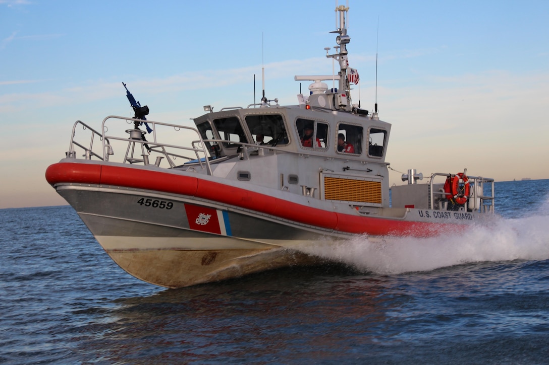 A 45-foot Response Boat - Medium crew from Coast Guard Station Boston is on patrol in Boston Harbor. The station's crew routinely trains in and patrols Boston Harbor. (U.S. Coast Guard photo)