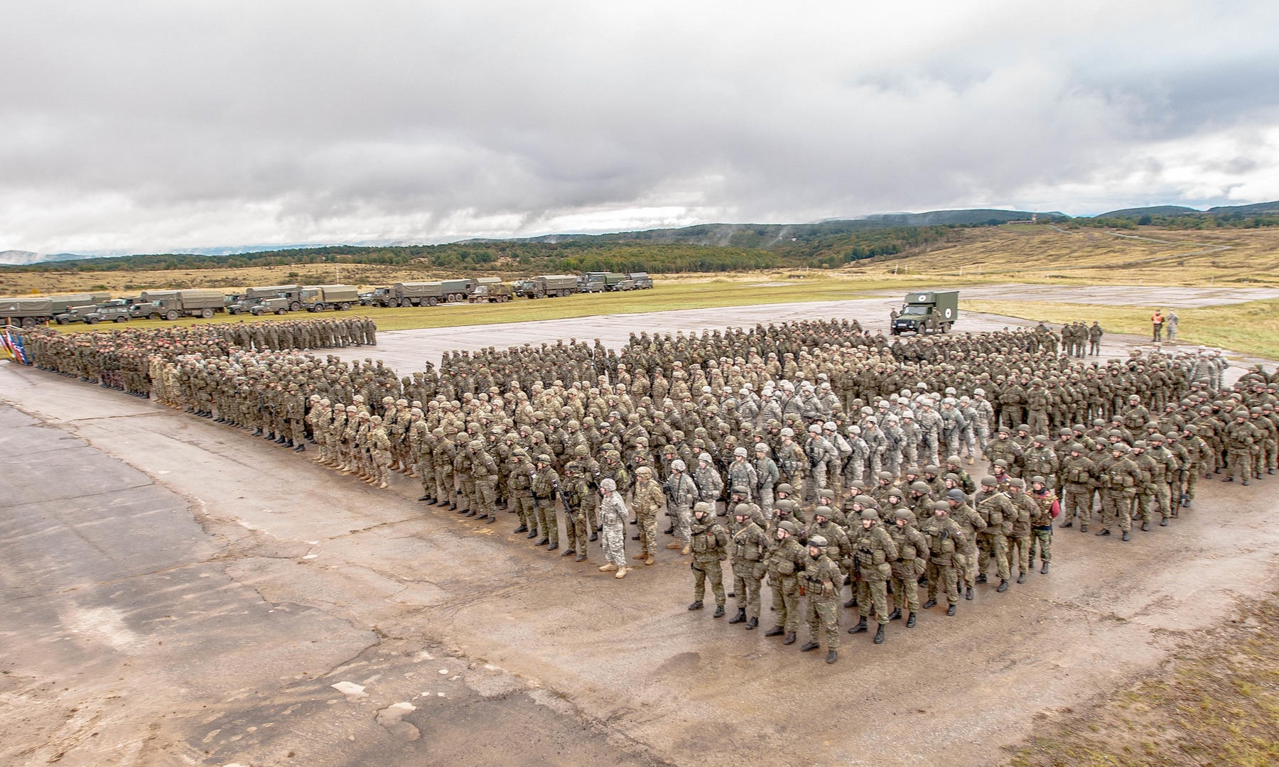 U.S. Army Soldiers, Armed Forces of the Slovak Republic, Czech Army, Polish Armed Forces and Hungarian Defense Forces soldiers stand in formation during the Slovak Shield 2016 opening ceremony Oct. 6, 2016 at Military Training Area Lest, Slovak Republic.. Slovak Shield will expand its ‘scale of operations’, interoperability and joint force training with more than two thousand U.S. and allied forces training in MTA Lest and other locations throughout Slovakia.