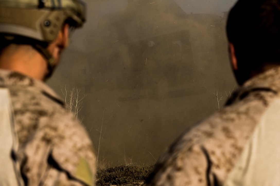 Marines with Marine Light Attack Helicopter Squadron (HMLA) 369 and 1st Reconnaissance Battalion, 1st Marine Division, conduct fast-rope training aboard Marine Corps Base Camp Pendleton, Calif., Oct. 3.  Fast roping was part of a larger event called a Marine Air-Ground Task Force integration exercise, which enabled air and ground units to come together and cooperate in various training missions prior to their deployment with the 15th Marine Expeditionary Unit. (U.S. Marine Corps photo by Sgt. Lillian Stephens/Released)